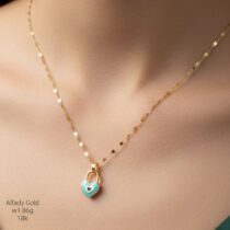 سلسلة ذهب عيار 18 بتعليقة قفل القلب المينا الزرقاء | قلادة بناتية ناعمة