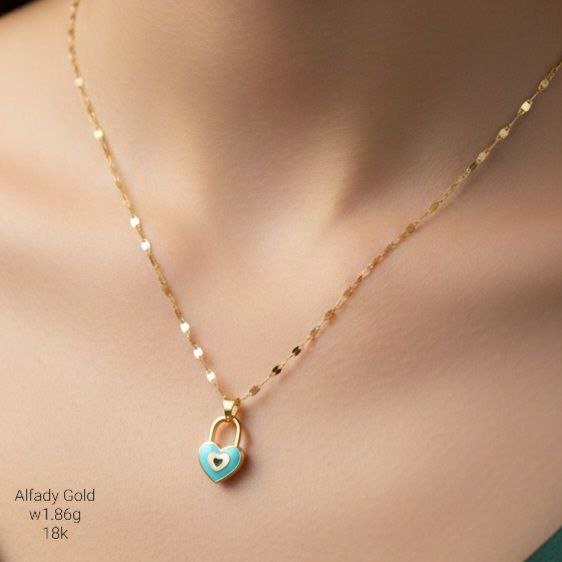 سلسلة ذهب عيار 18 بتعليقة قفل القلب المينا الزرقاء | قلادة بناتية ناعمة سلسلة ذهب عيار 18 بتعليقة قفل القلب المينا الزرقاء | قلادة بناتية ناعمة